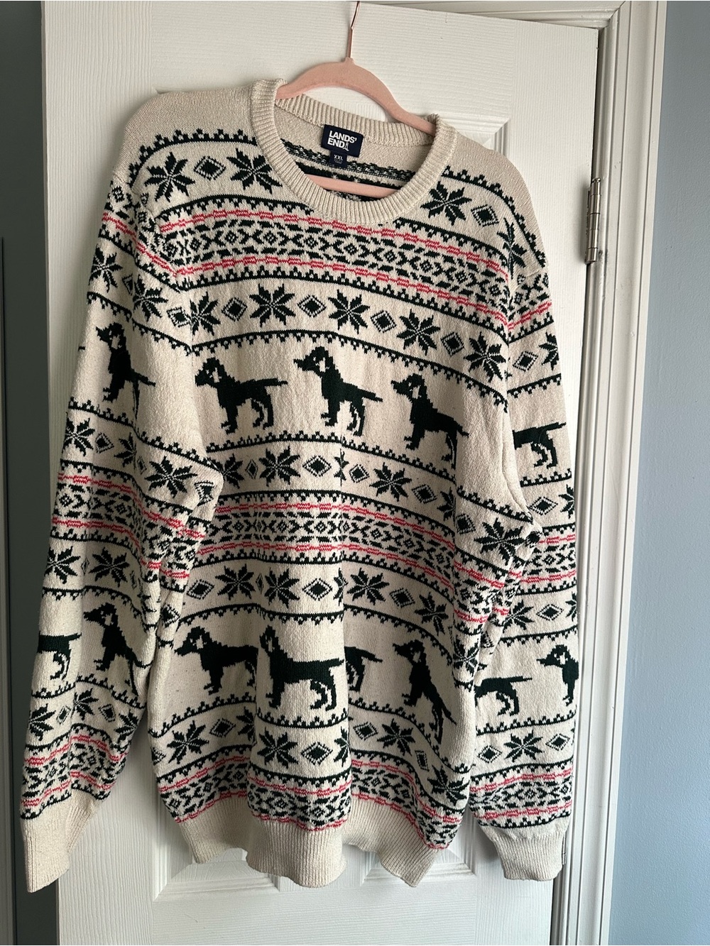 Lands' End Cream Crewneck Sweater with Black Dog Fair Isle and Red Accents